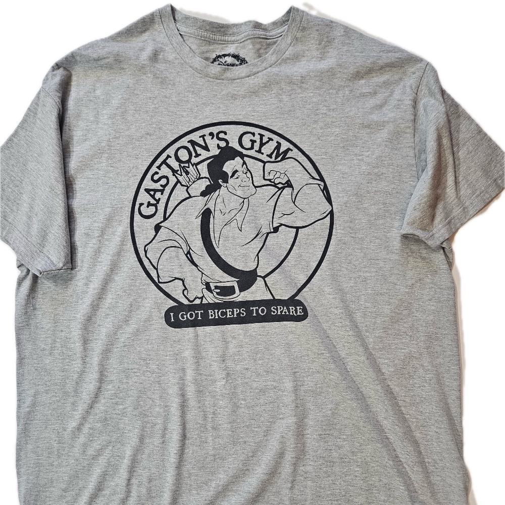 Disney Beauty And The Beast Gaston's Gym Shirt Mens 2XL Gray‎ I Got Biceps Tee